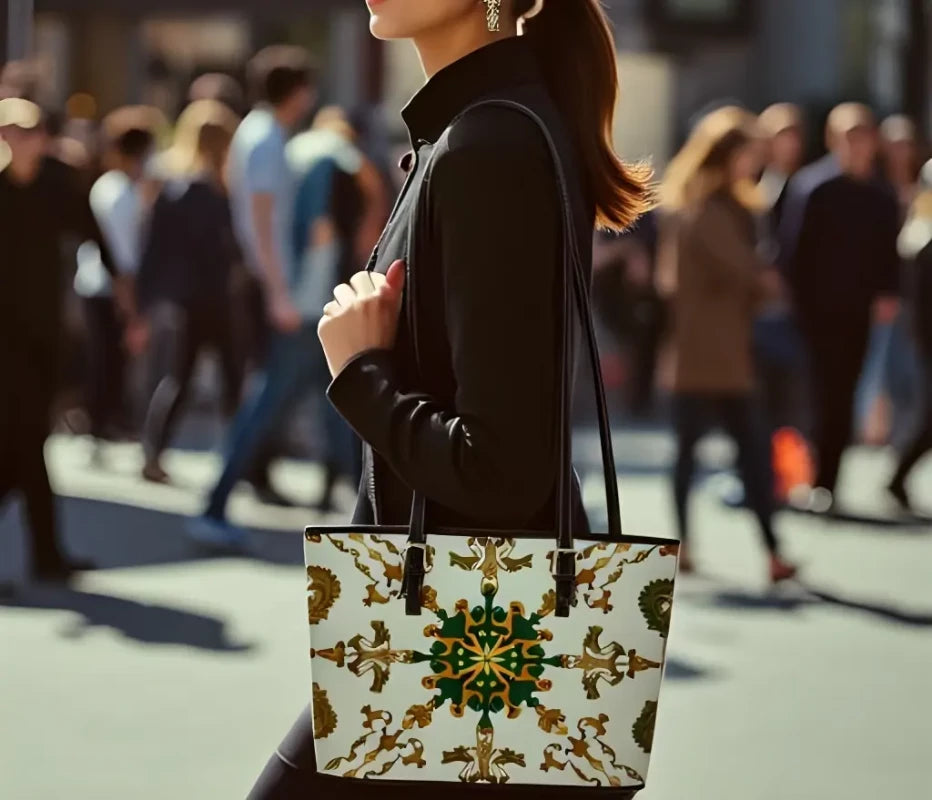 A fashionable woman dressed in a sleek black outfit walks through a bustling city street while carrying an elegant tote bag. The bag features an intricate gold and green baroque-style pattern on a white background, with black handles and gold hardware. The blurred pedestrians in the background create a dynamic urban atmosphere, enhancing the bag’s luxurious and sophisticated appeal.