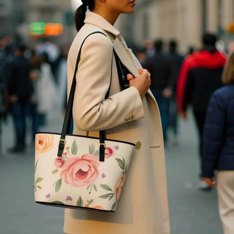 A stylish woman wearing a cream-colored coat walks through a busy city street while carrying an elegant floral tote bag. The bag features a white background adorned with large pink roses and green leaves, with black handles and gold hardware. The scene is set in an urban environment with blurred pedestrians in the background, creating a sophisticated and fashionable atmosphere.