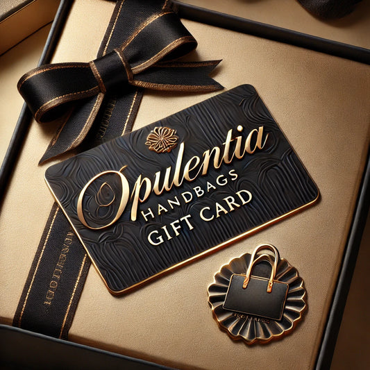 Opulentia Handbags gift card elegantly designed in black and gold, featuring embossed lettering and intricate detailing. Presented in a luxurious gift box with a black satin ribbon and gold accents, making it a perfect choice for a sophisticated and stylish gift.