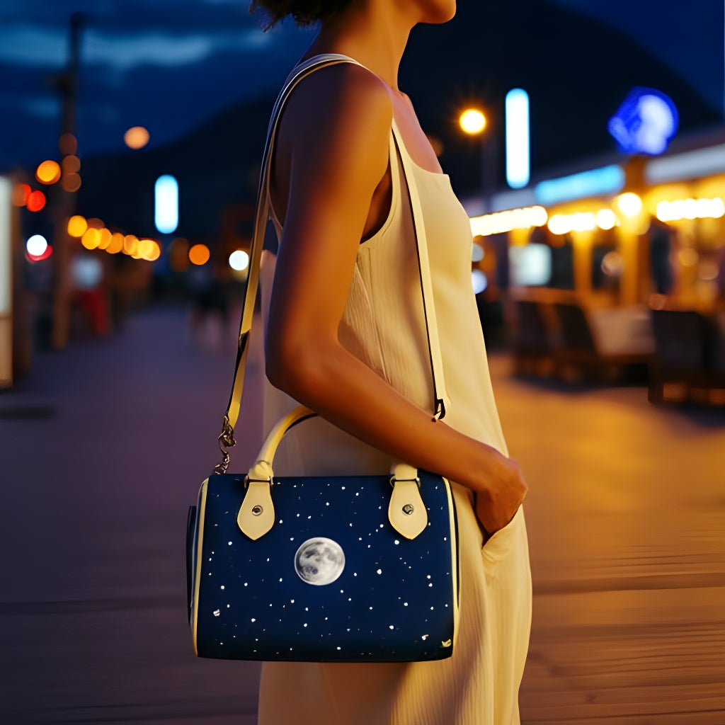 Space Lovers Women's Leather Small Satchel Handbag featuring a cosmic-themed design with vibrant stars, planets, and galaxies, crafted from high-quality leather for a sleek, stylish look.